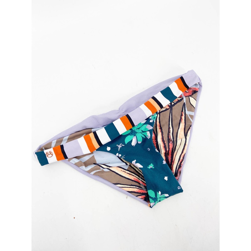 Maaji Floral Leaf Stripe‎ Print Ruched Reversible Bikini Swim Bottoms Size XS